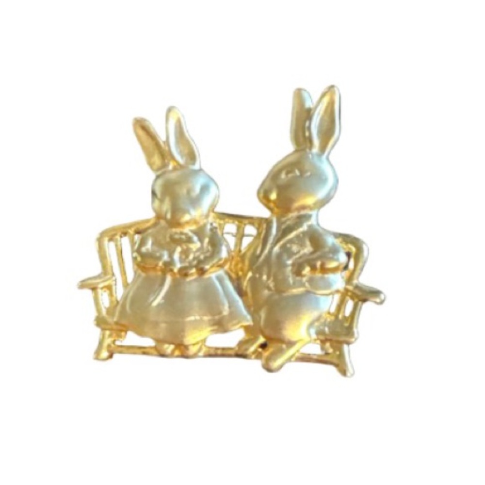 jj jonette vintage bunnies in love gold tone brooch